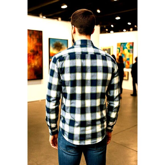 Abercrombie Fitch Large Muscle Button Up Plaid Shirt Green Navy White Cotton Men - Picture 3 of 10